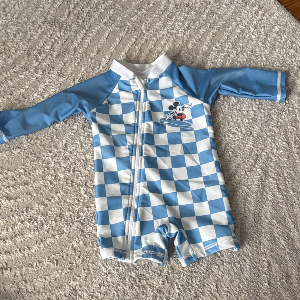 NWOT - Mickey Mouse Blue & White Check Swim Rashguard